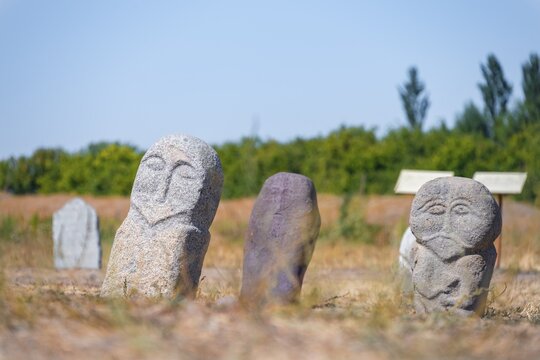 Balbals, historical gravestones in the shape of human faces, near Tokmok, Chuy, Kyrgyzstan