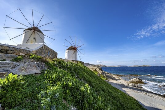Cycladic windmills on the coast, Kato Milli, Mykonos Town, Mykonos, Greece