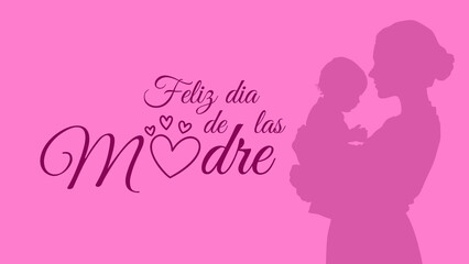 Digital illustration of a mother and child silhouette with a heart design on a pink background with Spanish Mother's Day text.