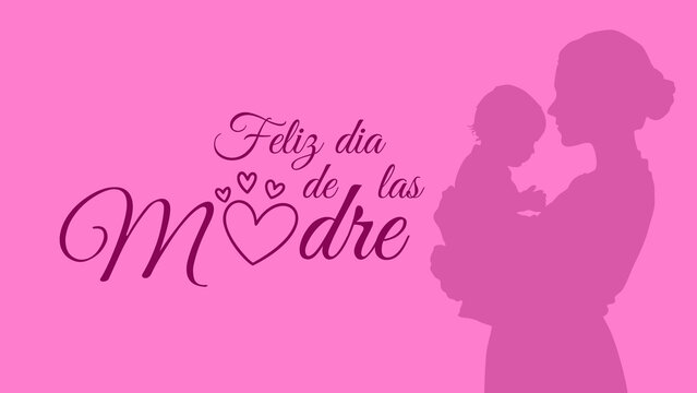 Digital illustration of a mother and child silhouette with a heart design on a pink background with Spanish Mother's Day text.