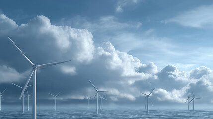 Concept illustration of offshore floating wind turbines under dramatic sky, depicting next-generation renewable technology and solutions for global carbon emissions reduction. cinematic color