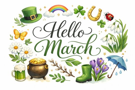 Hello March. Saint Patrick day. Fondo.