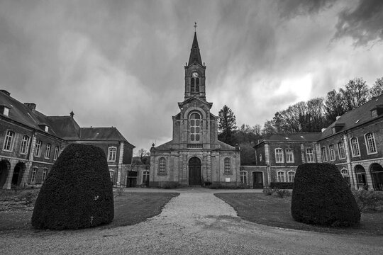 Former Aulne Abbey, Abbay d'Aulne, with Saint Joseph Church near Thuin, Hainaut Province, Belgium