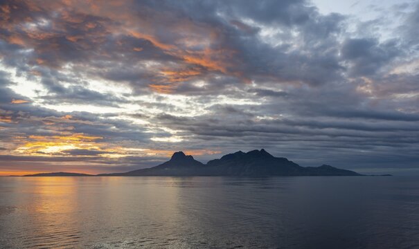 Sea and rocky mountain range, at sunset, Bod&oslash;, Nordland, Norway