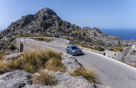 Mountain pass with switchbacks to Sa Colobra, Nus de Sa Corbata road loop, Serra de Tramuntana, Majorca, Balearic Islands, Spain