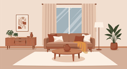 Fototapeta premium Cozy Living Room Vector Illustration with Mid-Century Modern Furniture and Warm Lighting - Eps 12