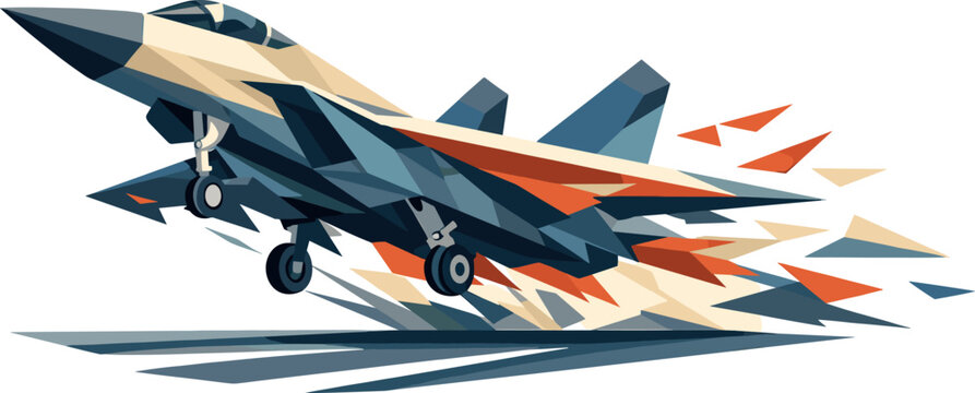 Low-poly vector illustration of a jet accelerating down the runway into takeoff, dynamic diagonal composition with elongated
