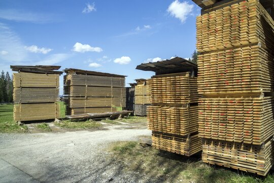 Stored sawn timber, wooden boards, sawmill in Oberstdorf, Allg&auml;u, Bavaria, Germany
