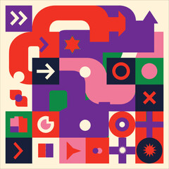 Colorful geometric abstract design with arrows and symbols, creative flow diagram on cream background