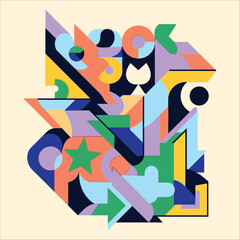 Vibrant abstract geometric composition with star and playful shapes, modern art illustration on cream background