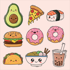 Cute kawaii food collection including burger, donuts, boba tea and pizza, happy characters on pink background