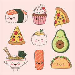 Kawaii food illustration set with sushi, pizza, avocado, burger and taco, cute characters on pink background