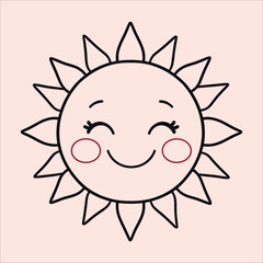 Cute happy sun cartoon drawing with smiling face, simple line art icon for summer or weather themes