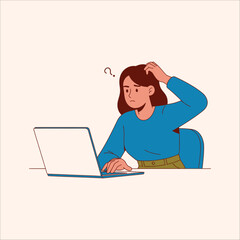 Confused woman looking at laptop screen, illustration of problem or mistake with question mark