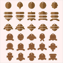 Collection of brown circular and shaped badges with ribbons, perfect for retro labels, stickers, and design elements.
