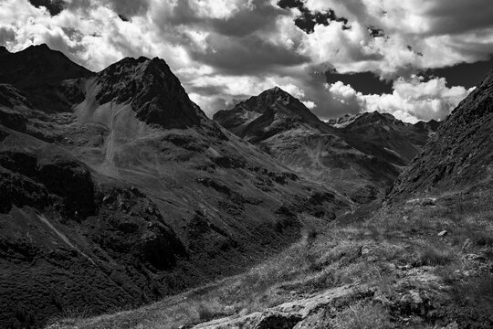 Summit of Val Bever with cloudy sky, St Moritz, Engadin, Grisons, Switzerland