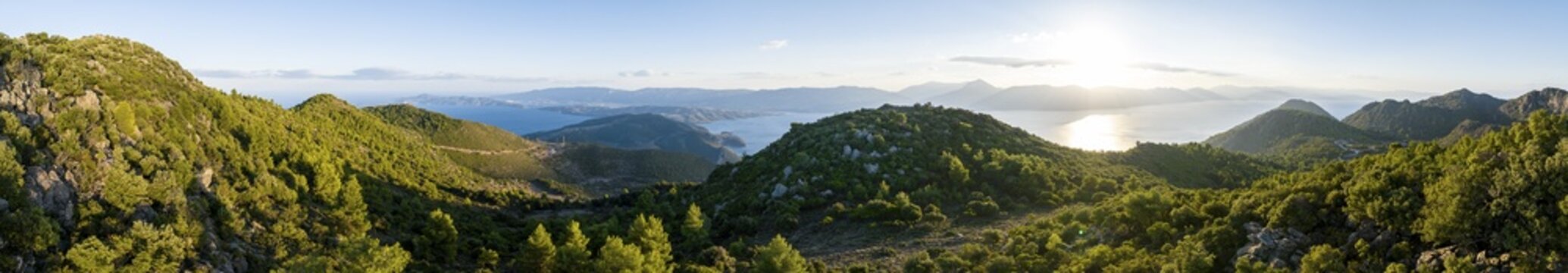 Volcanic peninsula Methana, view over the sea and landscape with mountains and extinct volcanoes, Saronic Gulf, Peloponnese, Greece