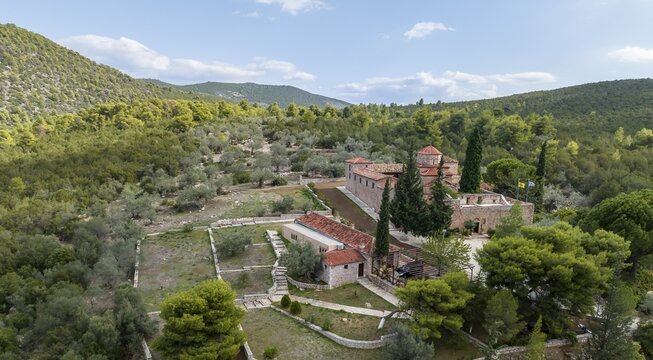 Aerial view, Moni Agnountos Monastery, Peloponnese, Greece