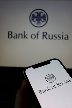 Bank of Russia logo displayed on a screen. Concept of Russian central bank, ruble currency and global financial news. 