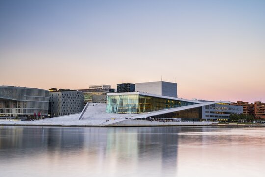 Oslo Opera House in the evening mood, Bj&oslash;rvika district, Oslofjord, Norway