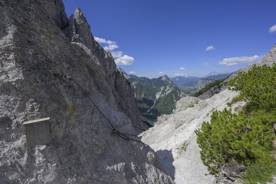Steep climb secured with iron chain in the Gsengscharte, Admont, Styria, Austria