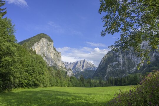 View into the Ges&auml;use with Raspberry Stone on the left at the Lauferbauer Bridge, Admont, Styria, Austria