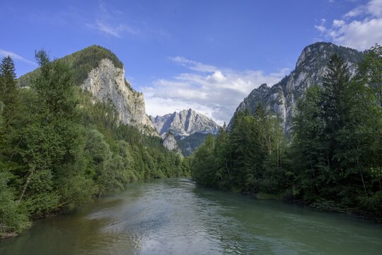 View of the Ges&auml;use with the Enns River at the Lauferbauer Bridge, Admont, Styria, Austria