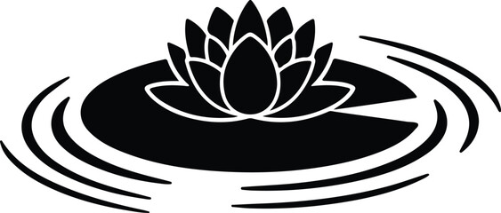 Beautiful black lotus flower on water lily pad with ripples silhouette vector illustration © FB Creative