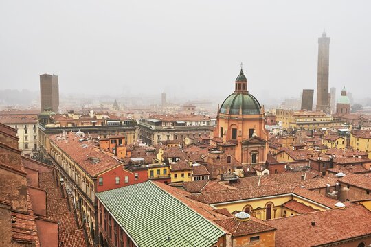 View from the Asinelli Tower of the Church of Santa Maria della Vita and the Old Town, Bologna, Emilia-Romagna, Italy