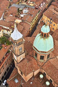 View from the Asinelli Tower of the towers of the churches of Santi Bartolomeo and Gaetano, Old Town, Bologna, Emilia-Romagna, Italy