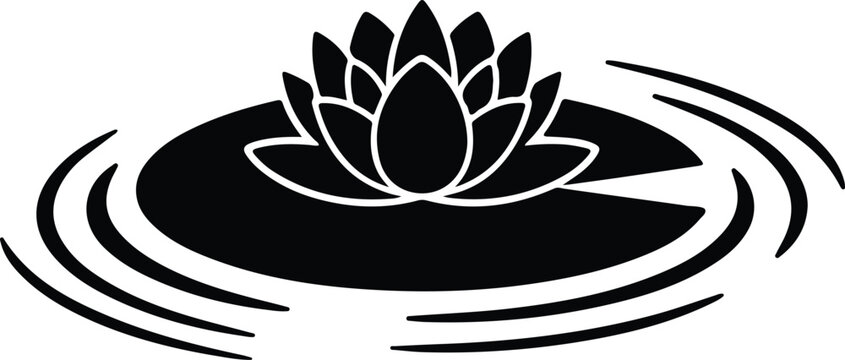 Beautiful black lotus flower on water lily pad with ripples silhouette vector illustration