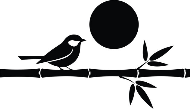 Cute small bird on bamboo branch with sun circle artistic silhouette vector illustration