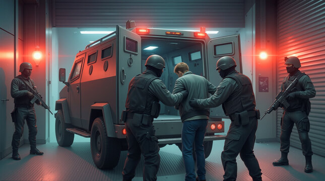 Law enforcement unit loading suspect into armored transport vehicle in industrial garage. Tactical team conducting high-risk arrest operation under red emergency lights.