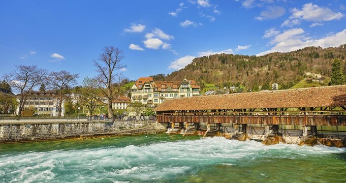 View over the Aare and historic upper lock, old town in the back, Thun, Canton Bern, Switzerland