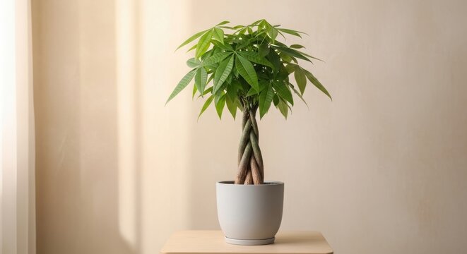 Money tree plant in a gray pot on a wooden table. Pachira aquatica houseplant for home decor and indoor gardening concept.