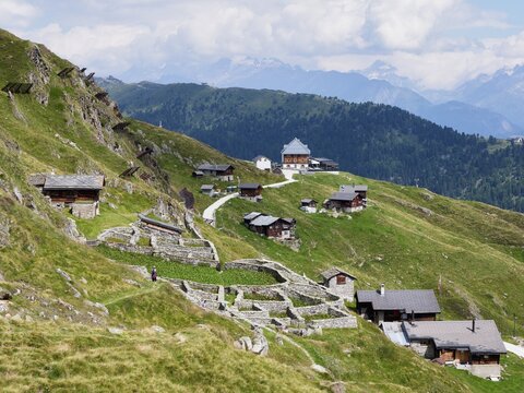 Enclosure made of dry stone walls for traditional alpine pasture management that was originally used for cattle grazing, Belalp, Canton Valais, Switzerland