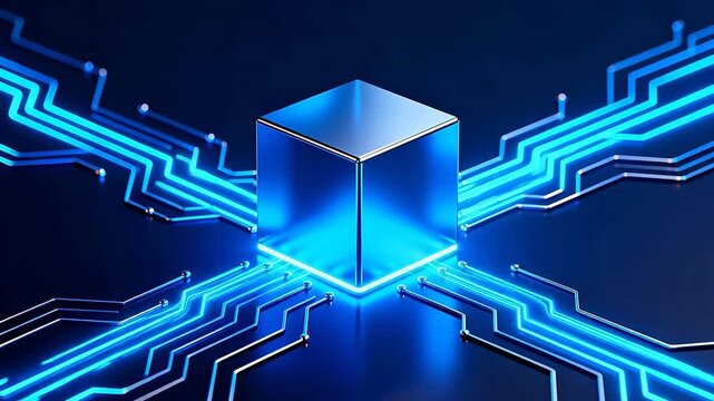 Blue glowing cube with circuit lines