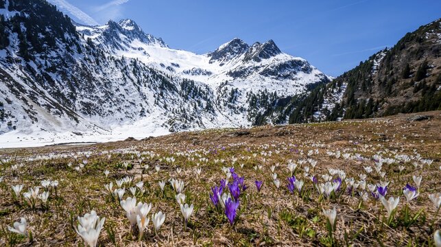 Spring in the mountains, white and purple crocus meadow, Neustift im Stubai Valley, Tyrol, Austria