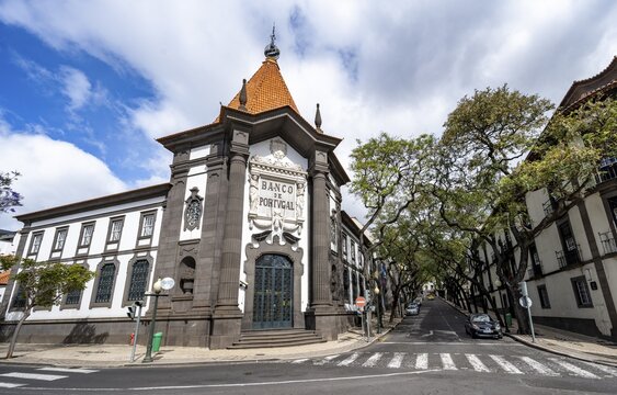 Imposing Banco de Portugal building on Avenida Zarco, Funchal, Madeira, Portugal
