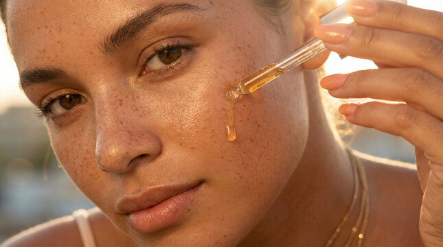 Beautiful freckled woman applying cosmetic oil or gold serum on face with glass dropper at sunset