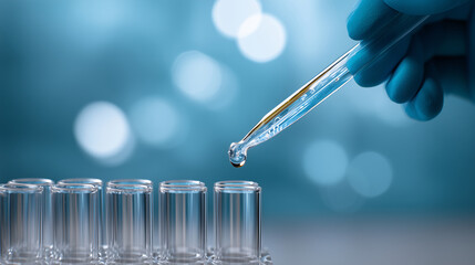 Ultra realistic macro laboratory photo, close-up of a gloved hand (blue nitrile glove) holding a pipette with a clear droplet at the tip, dispensing into a row of transparent test