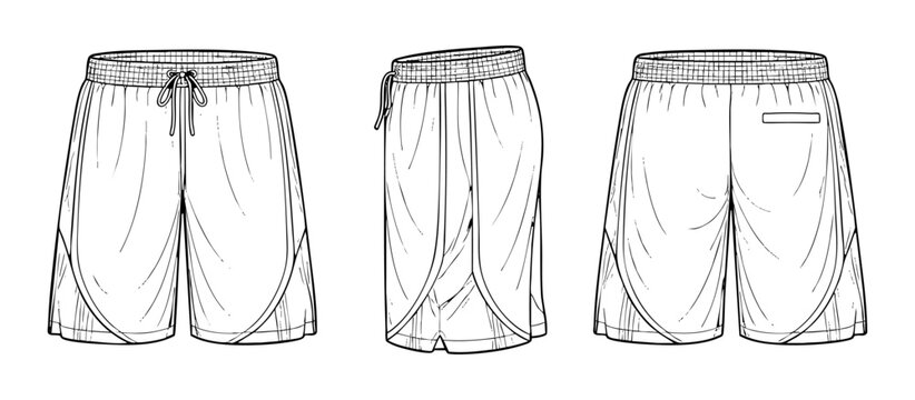Men&rsquo;s basketball shorts mockup with layered curved hem panels, elastic drawstring waistband and rear pocket, front side and back views technical line template