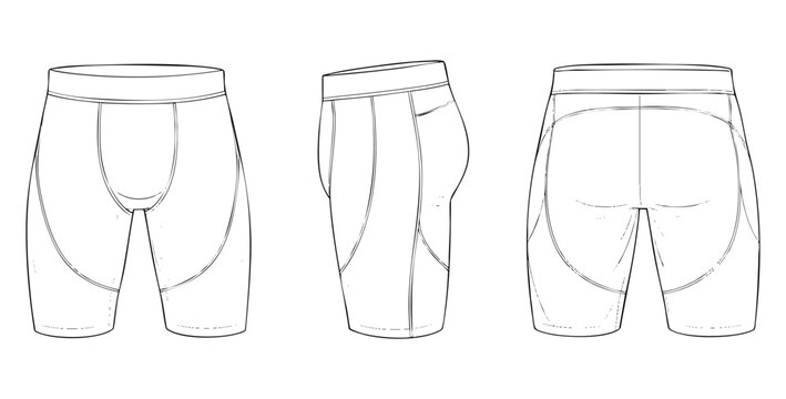 Men&rsquo;s compression shorts technical mockup with front, side and back views, ergonomic panel seams and elastic waistband in clean outline style