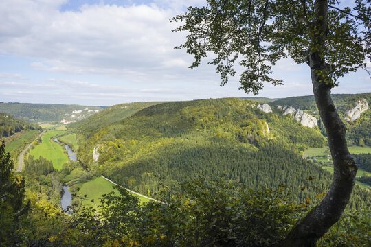 Panorama from Knopfmacherfelsen into the upper Danube valley, Beuron Monastery in the background, Swabian Alb, Baden-W&uuml;rttemberg, Germany