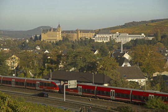 Kalvarienberg Monastery, Bad Neuenahr-Ahrweiler, vineyards in autumn, Ahr Valley, red wine from the Pinot Noir and Portugieser grapes is grown here, red wine-growing region, Eifel, Rhineland-Palatinate, Germany