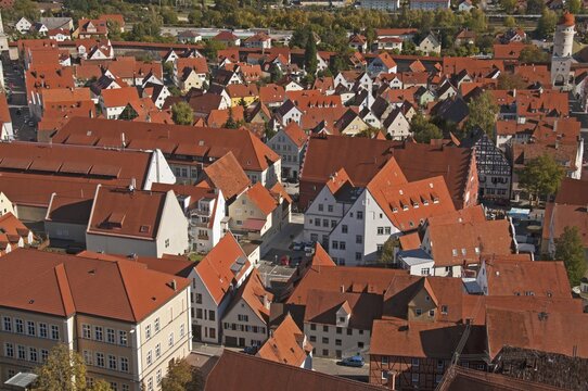 View from the 89, 5 m high tower, the Daniel, Protestant Parish Church of St. George, over the roofs of N&ouml;rdlingen, Donau-Ries, Bayrisch Swabia, Bavaria, Germany