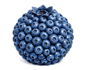 Multiple blueberries forming a large blueberry shape. Creative fruit arrangement for healthy eating and nutrition concepts.