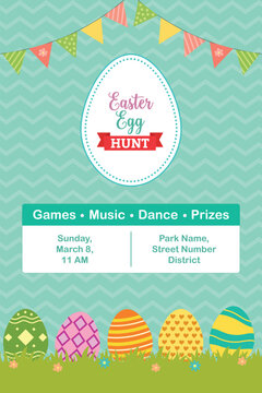 Easter Egg Hunt Poster Template with Colorful Eggs, Holiday Event Flyer Design