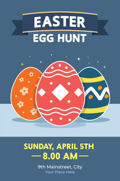 Easter Egg Hunt Poster Template with Colorful Eggs, Holiday Event Flyer Design