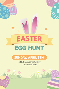 Easter Egg Hunt Poster Template with Colorful Eggs, Holiday Event Flyer Design